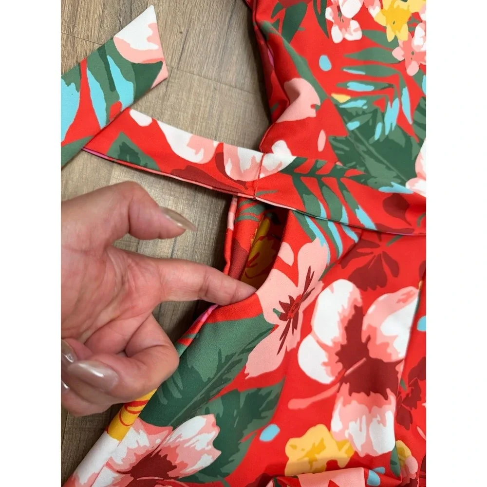 GB Girls Size 8 Floral Romper Red Ruffle Sleeve Belted Pockets Tropical